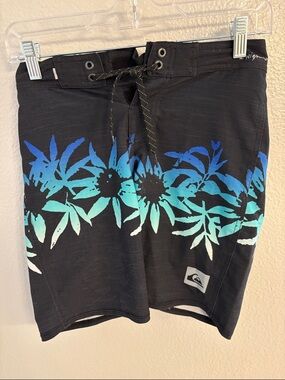 Quiksilver Black Boardshorts with Blue and Teal Floral Stripe